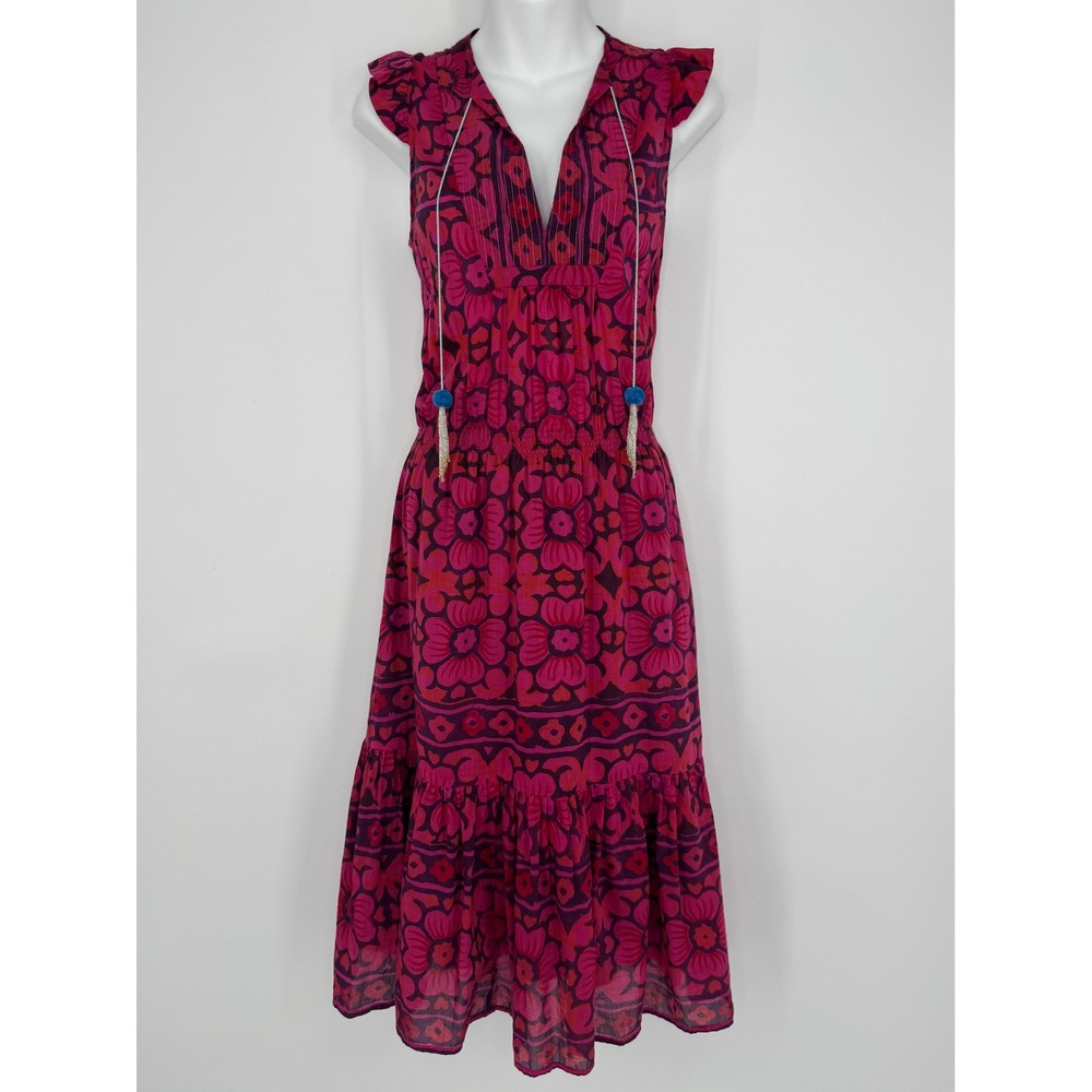 Bell Alicia Bell Floral Print Midi Dress XS Pink Silk‎ Cotton Boho Tassel Tiered